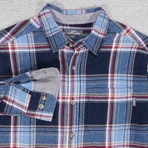 Eddie Bauer Shirt Mens Large Blue Red Gray Plaid Flannel Long Sleeve